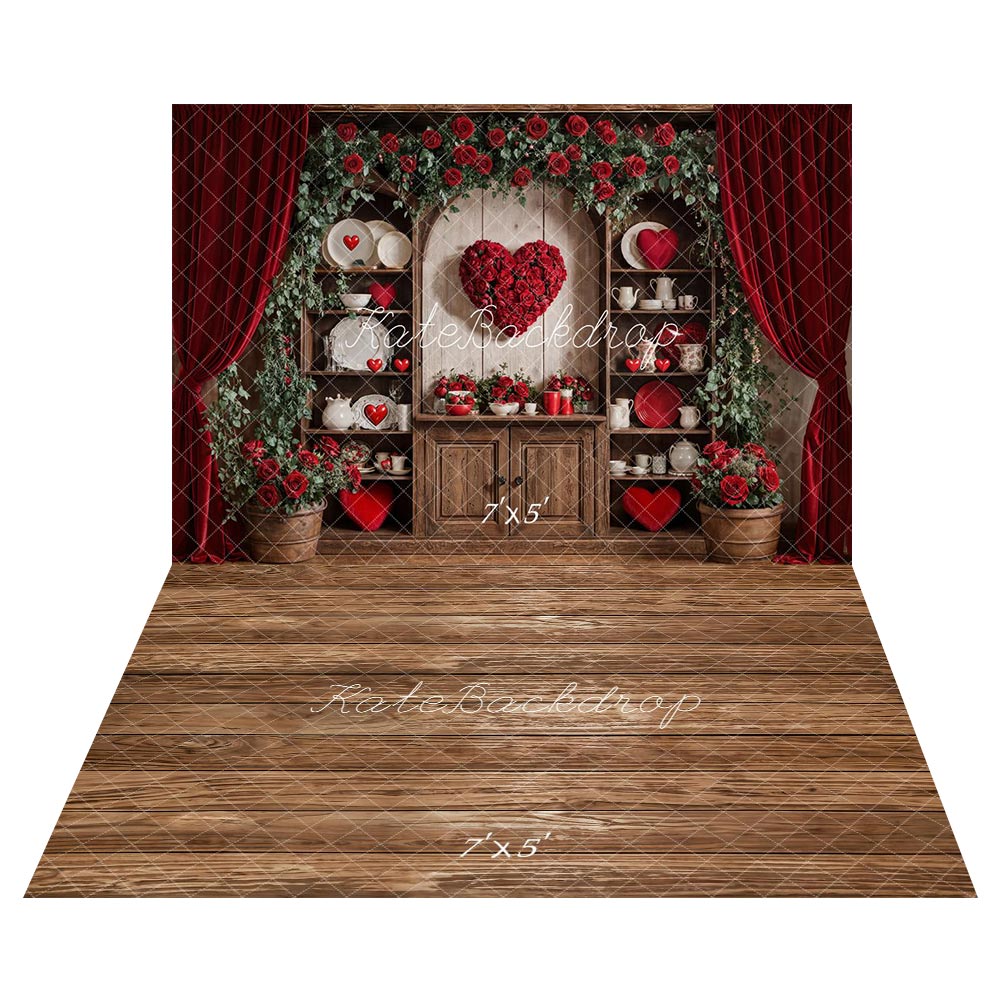 Kate Valentines Roses Heart Cabinet Curtains Backdrop+Brown Wooden Floor Backdrop