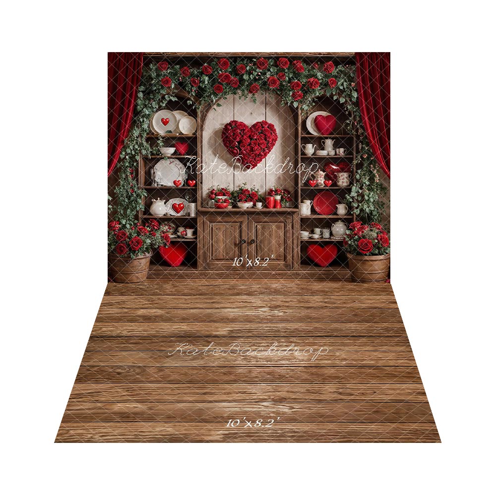 Kate Valentines Roses Heart Cabinet Curtains Backdrop+Brown Wooden Floor Backdrop