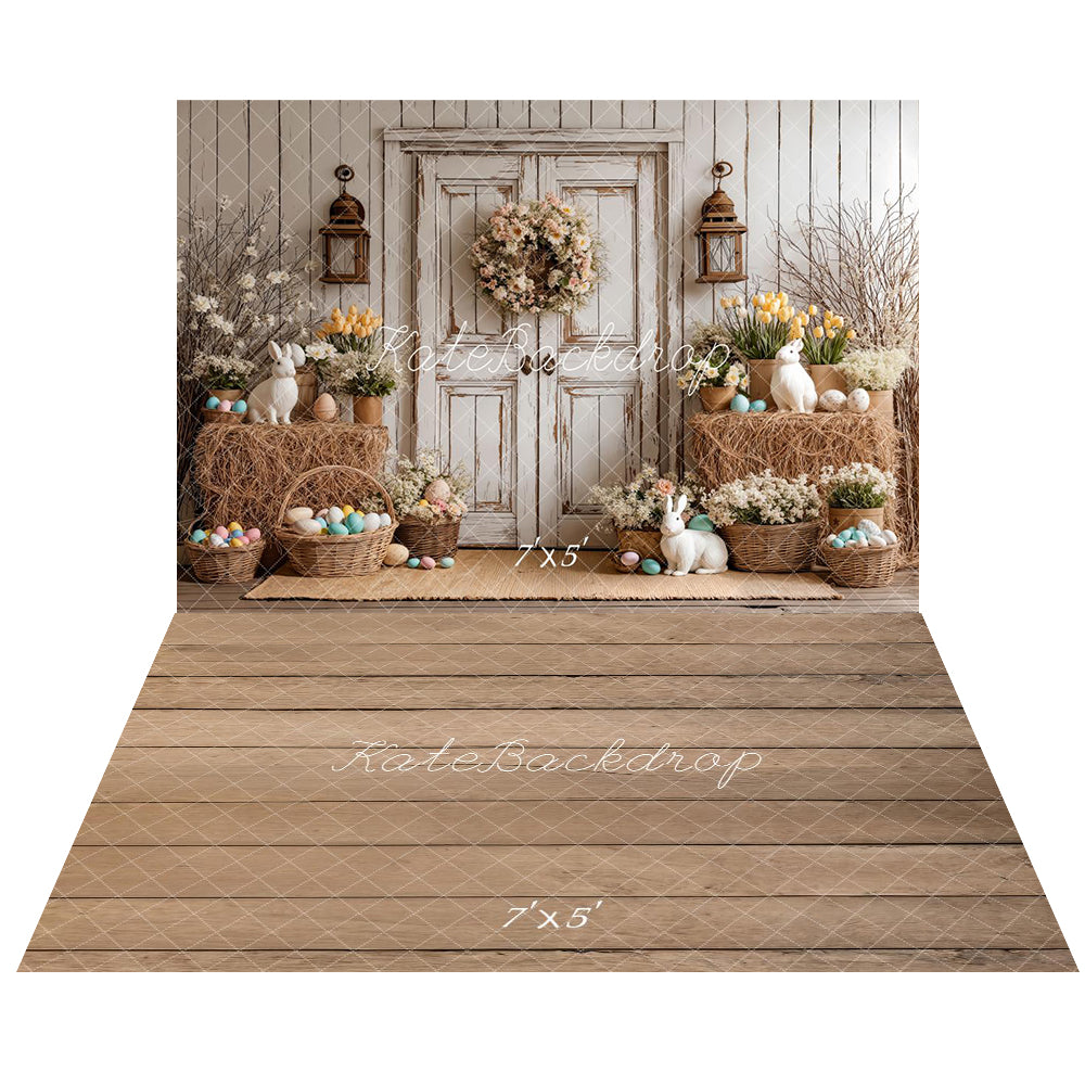 Kate Easter Bunny Rustic Door Egg Backdrop+Light Brown Wood Plank Floor Backdrop