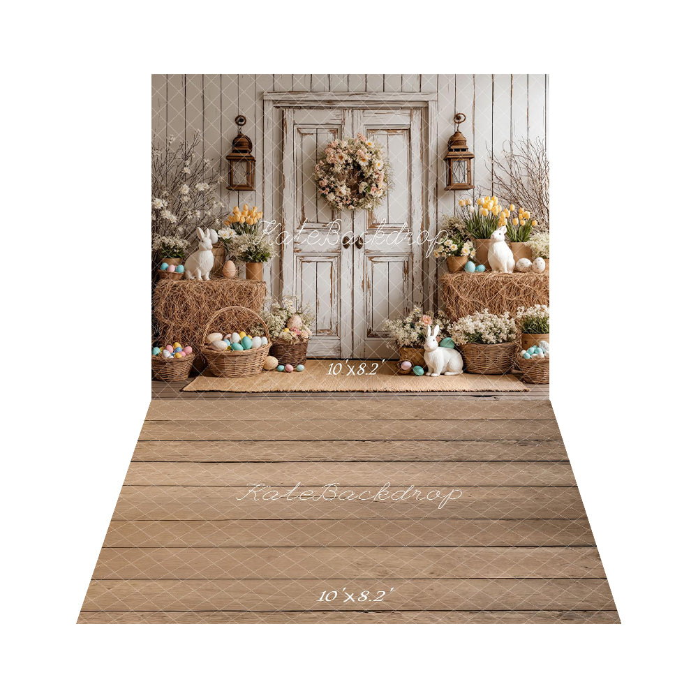 Kate Easter Bunny Rustic Door Egg Backdrop+Light Brown Wood Plank Floor Backdrop