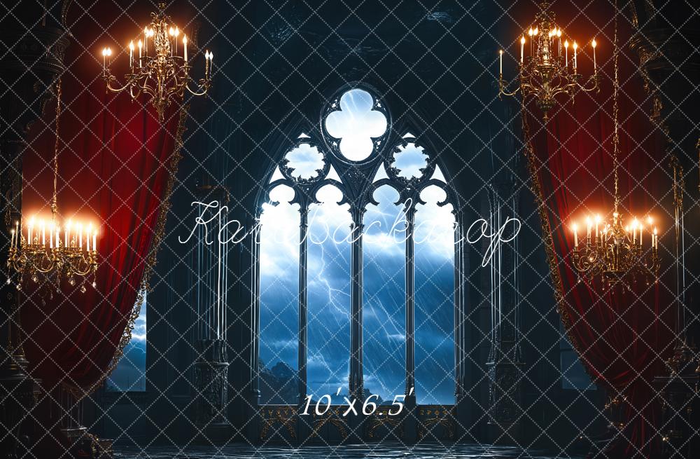 Kate Gothic Window Chandeliers Dark Curtains Fleece Backdrop Designed by Emetselch -UK
