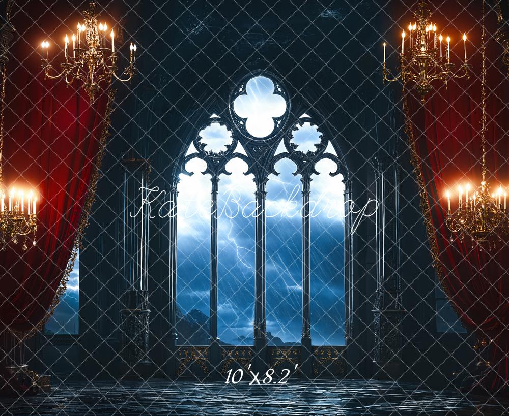 Kate Gothic Window Chandeliers Dark Curtains Fleece Backdrop Designed by Emetselch -UK