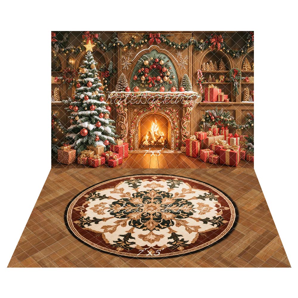 Kate Christmas Fireplace Tree Garland Presents Backdrop+Retro Floral Rug Floor Backdrop