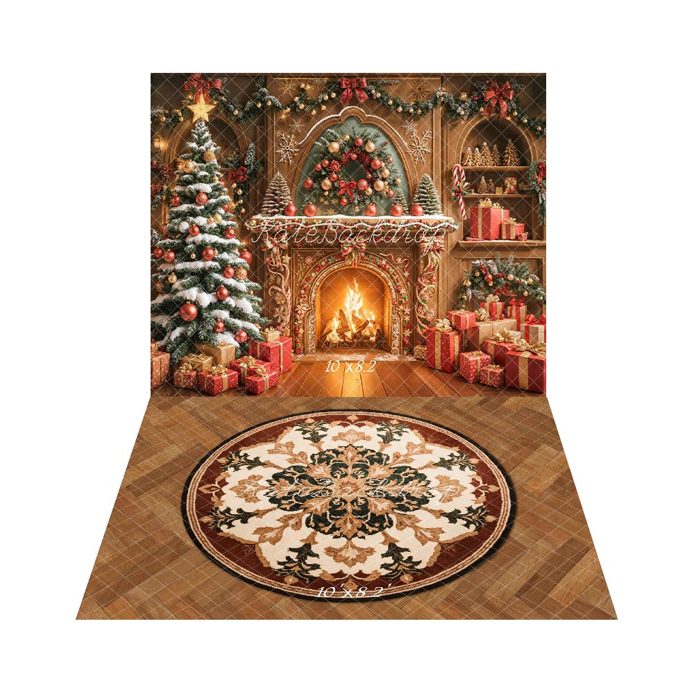 Kate Christmas Fireplace Tree Garland Presents Backdrop+Retro Floral Rug Floor Backdrop