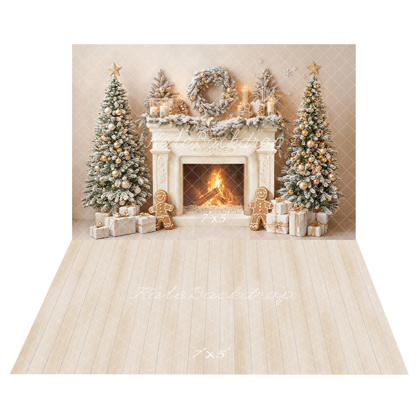 Kate Christmas Fireplace Gingerbread Trees Gifts Backdrop+Beige Wood Floor Backdrop