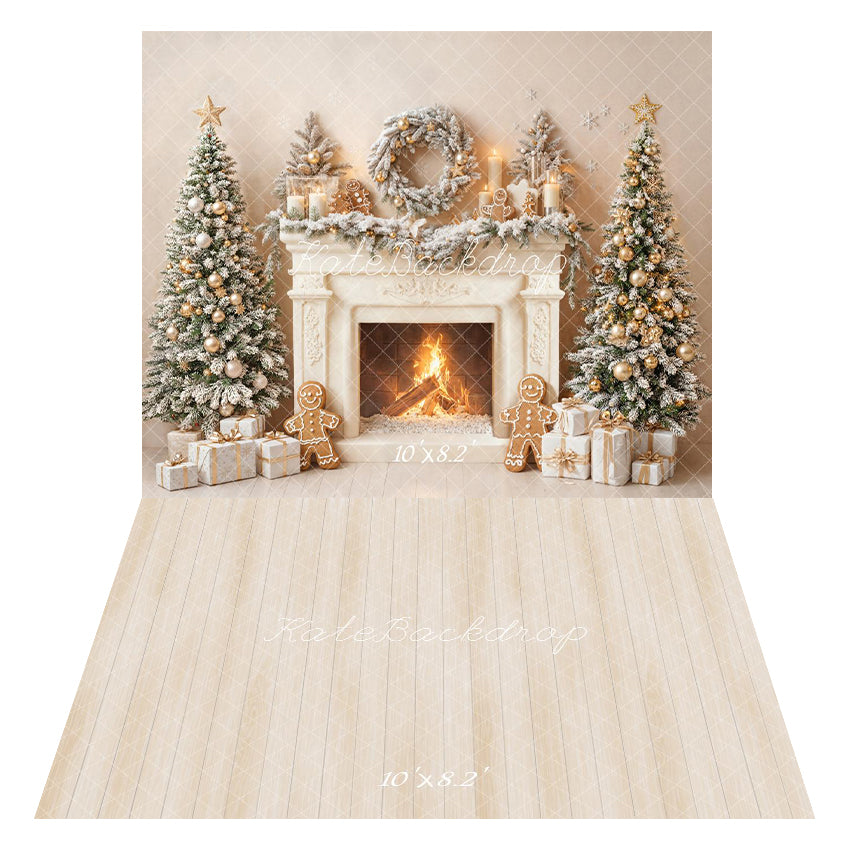 Kate Christmas Fireplace Gingerbread Trees Gifts Backdrop+Beige Wood Floor Backdrop
