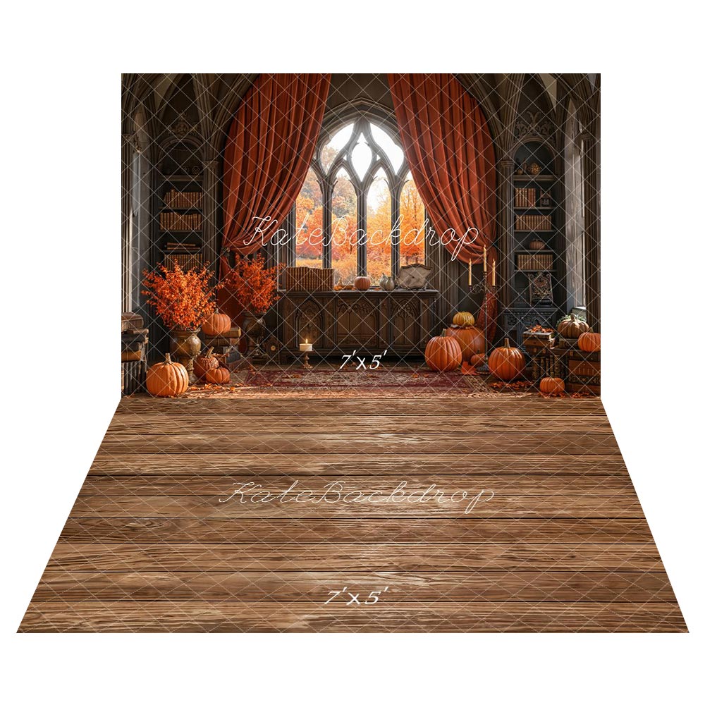 Kate Autumn Window Books Pumpkins Curtains Backdrop+Brown Wooden Floor Backdrop -UK