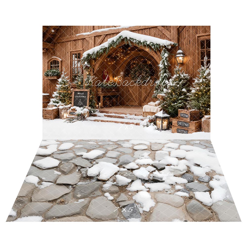 Kate Christmas Snowy Wooden Porch Trees +Winter Cobblestone Snow Floor Backdrop -UK