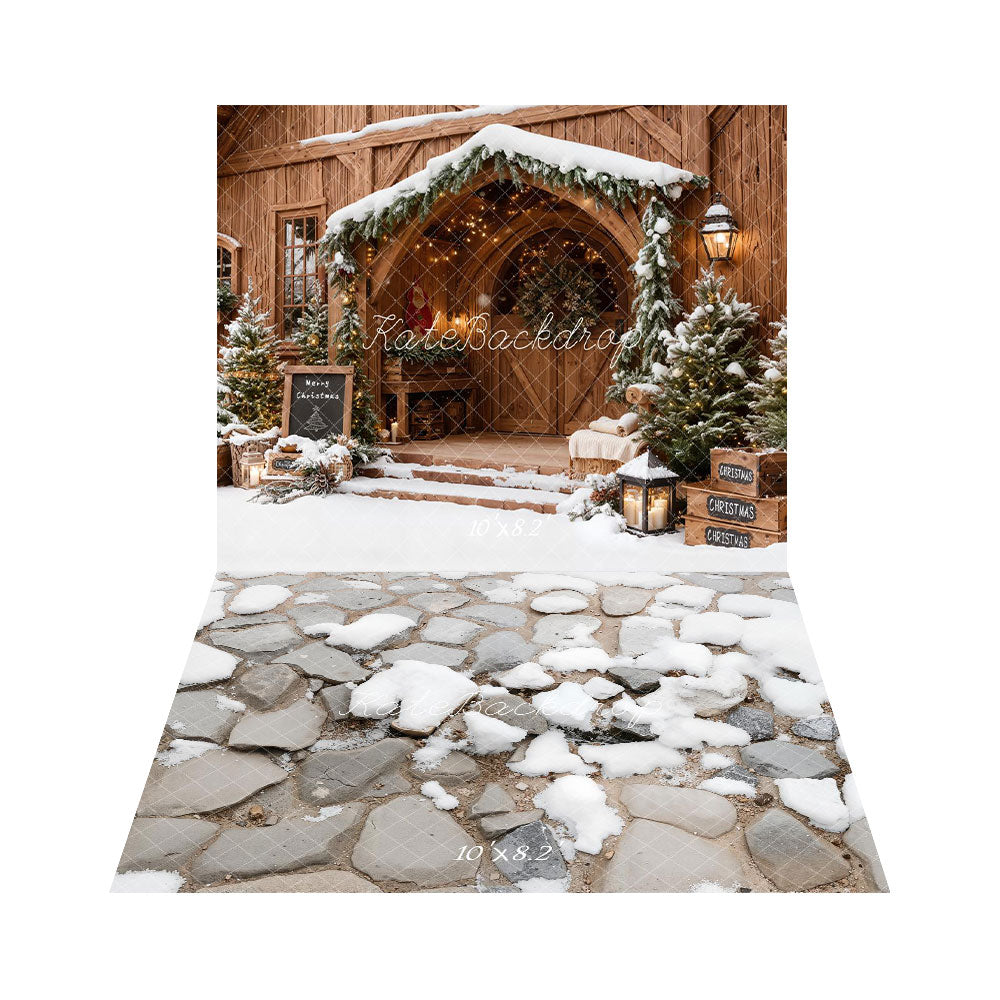 Kate Christmas Snowy Wooden Porch Trees +Winter Cobblestone Snow Floor Backdrop -UK