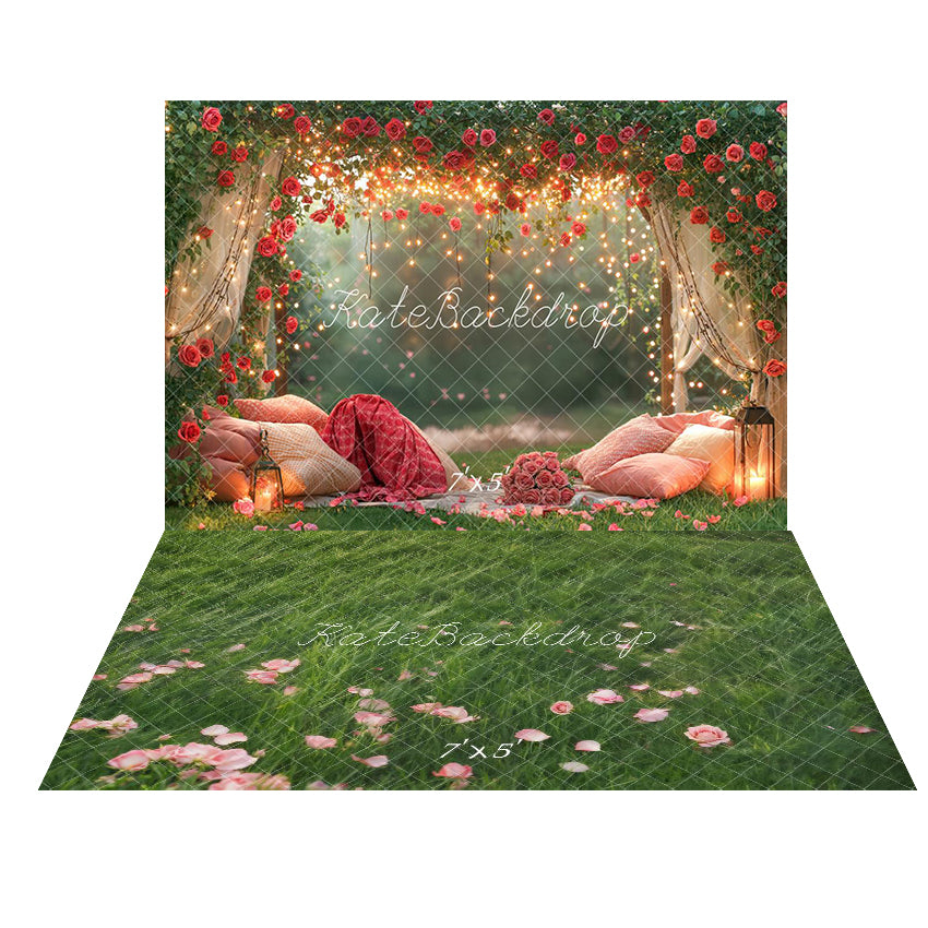 Kate Valentines Rose Pillows Garden Fairy Lights Backdrop+Spring Grass Floor Backdrop -UK