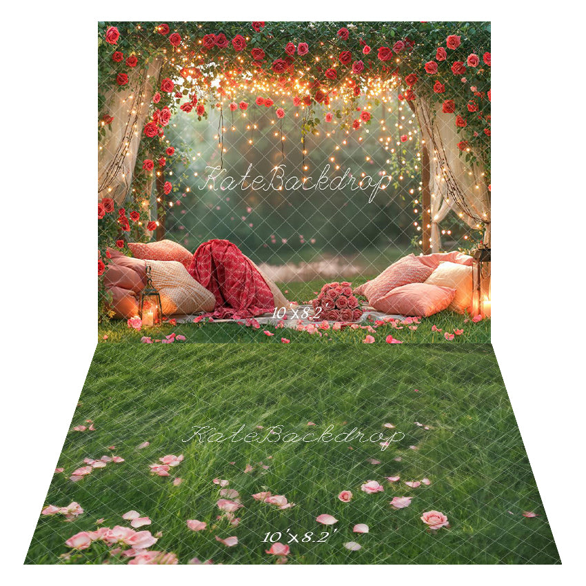 Kate Valentines Rose Pillows Garden Fairy Lights Backdrop+Spring Grass Floor Backdrop -UK