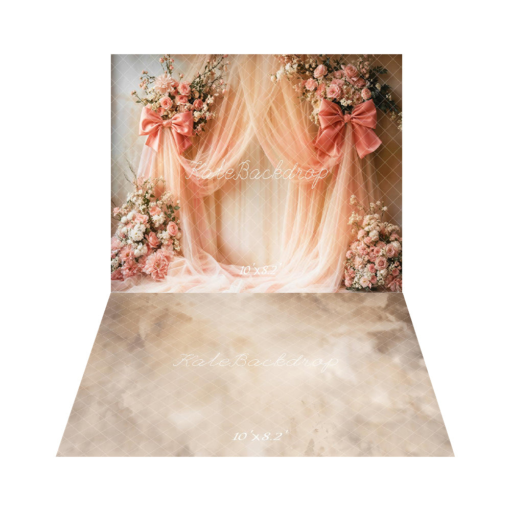 Kate Spring Pink Floral Bows Drapes Backdrop+Beige Abstract Texture Floor Backdrop