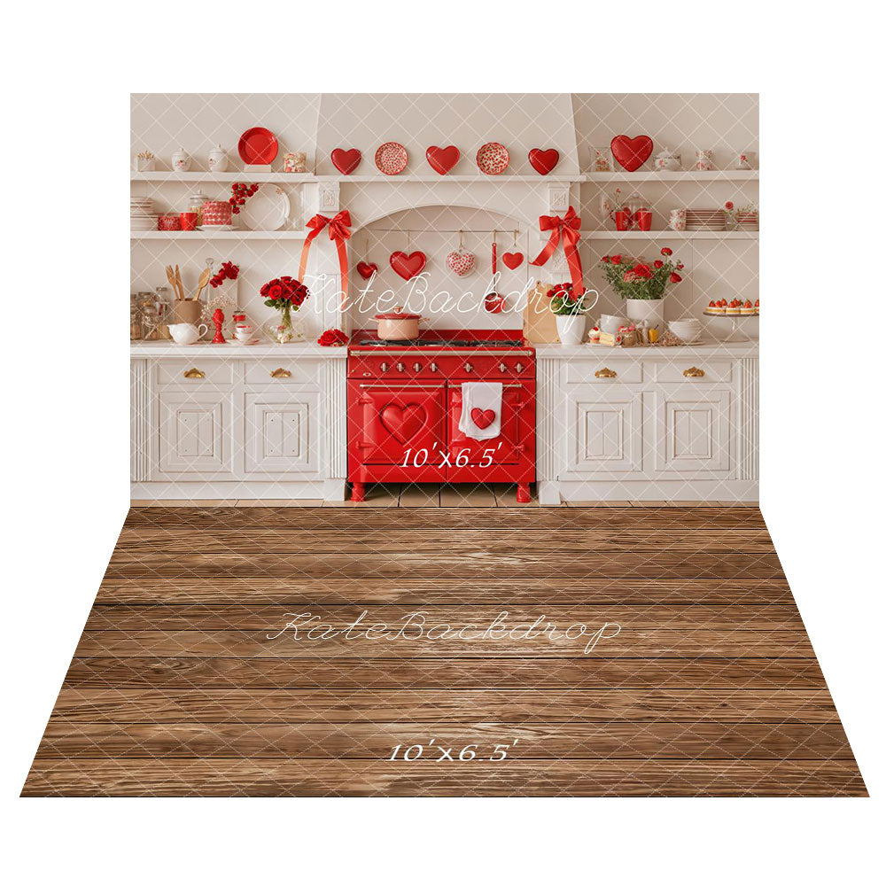 Kate Valentine's Day Kitchen Red Hearts Backdrop+Brown Wooden Floor Backdrop