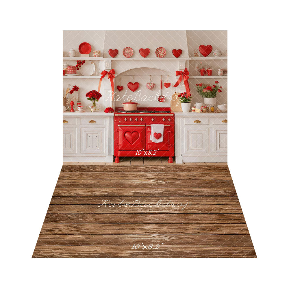 Kate Valentine's Day Kitchen Red Hearts Backdrop+Brown Wooden Floor Backdrop