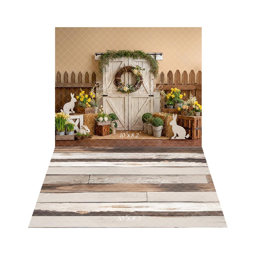 Kate Easter Bunny Barn Door Backdrop+ Light Brown White Retro Wood Floor Backdrop