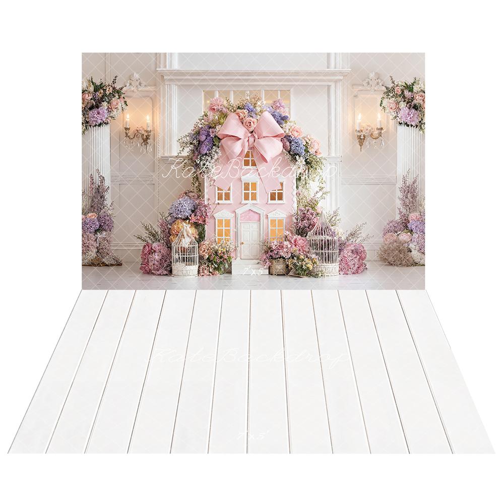 Kate Spring Pink House Floral Arch Birdcage Backdrop+White Wood Panel Floor Backdrop