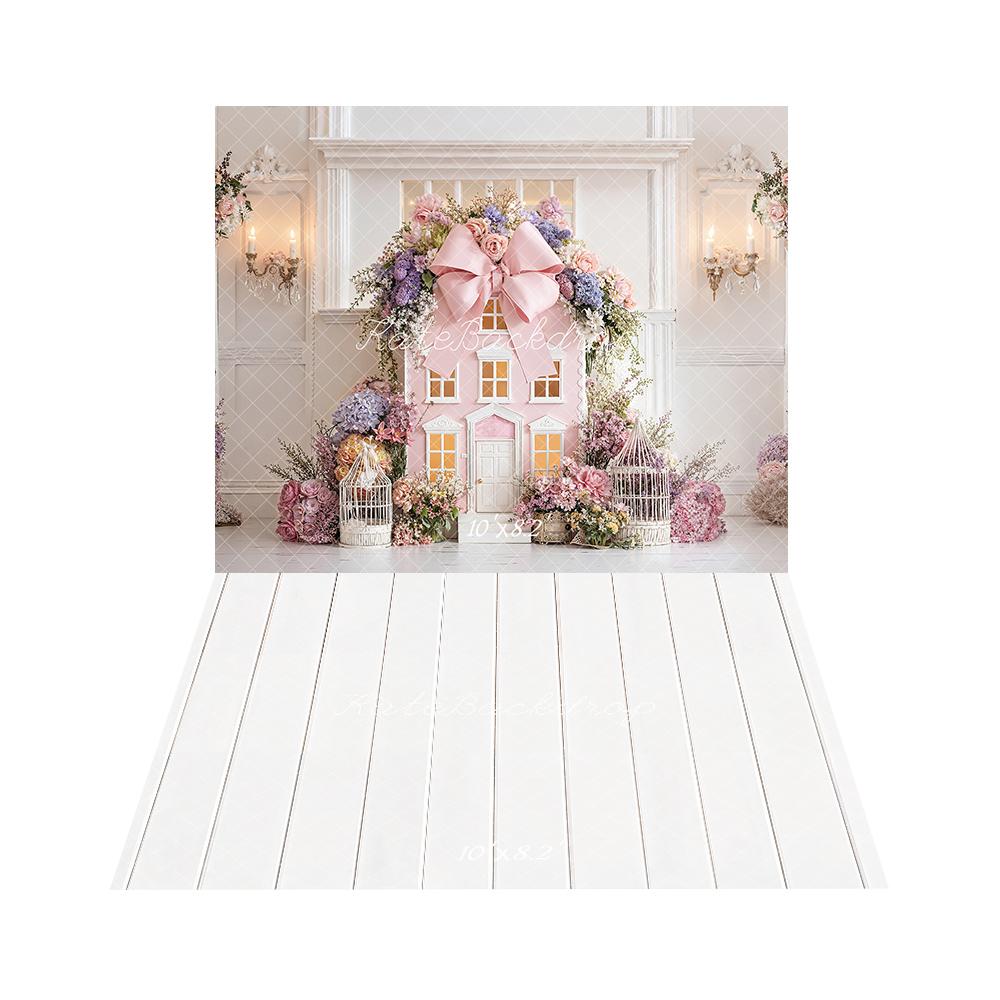 Kate Spring Pink House Floral Arch Birdcage Backdrop+White Wood Panel Floor Backdrop
