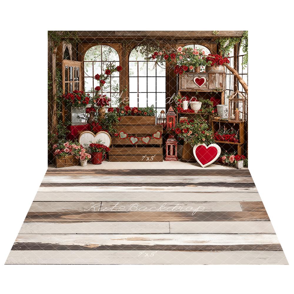 Kate Valentine's Day Roses Heart Wooden Window Backdrop+Light Brown Retro Wood Floor Backdrop