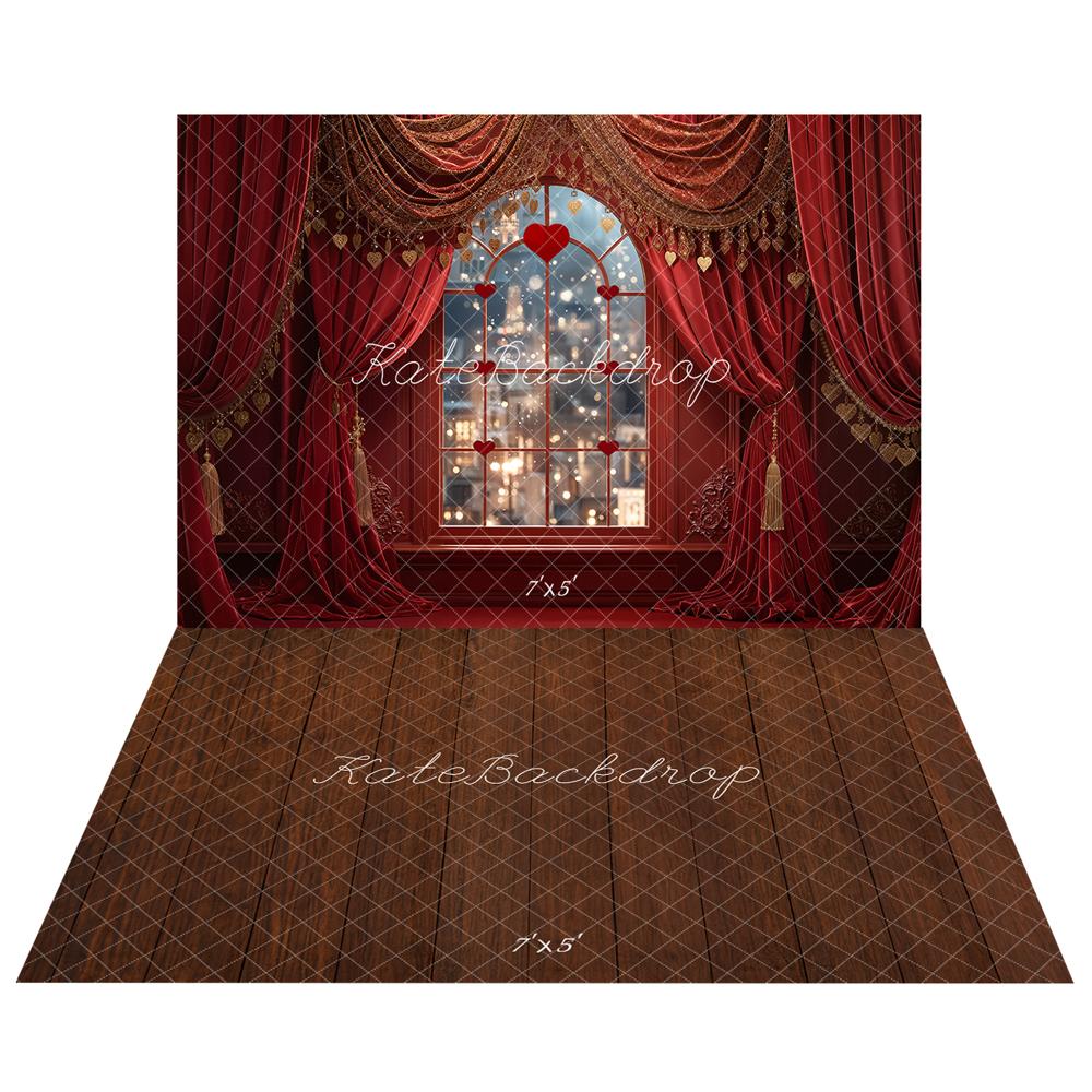 Kate Valentine's Day Red Curtains Window Backdrop+Dark Brown Wooden Floor Backdrop