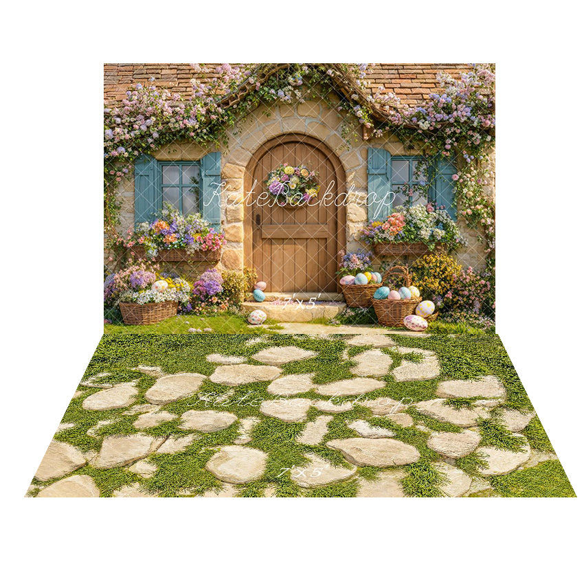 Kate Easter Floral Cottage Door Backdrop+Cobblestone Green Grass Floor Backdrop