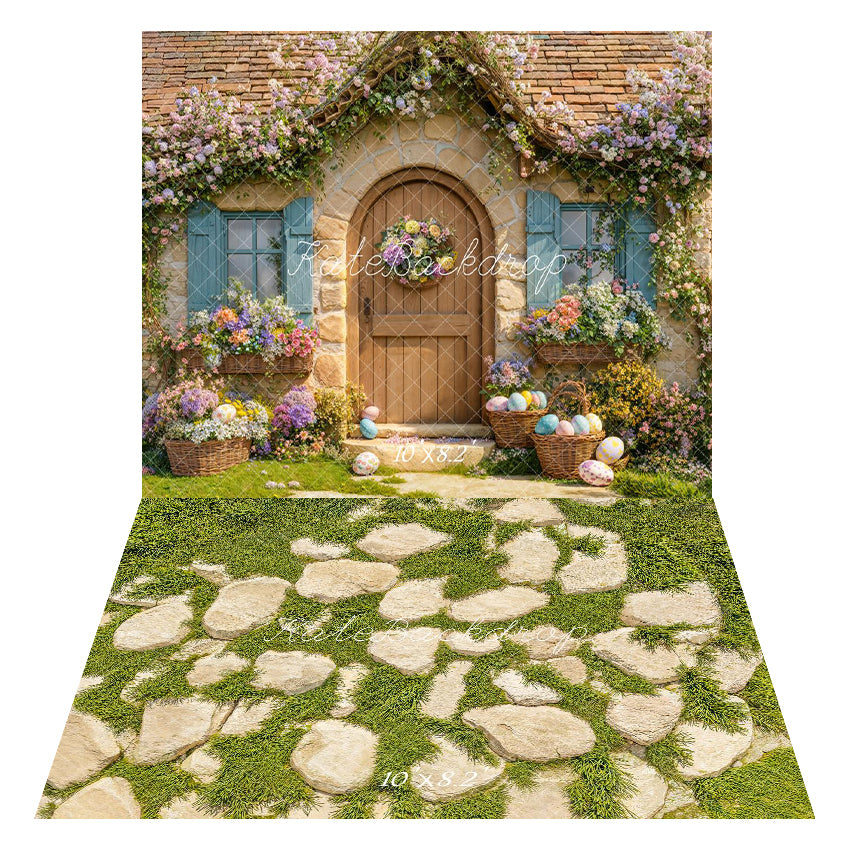 Kate Easter Floral Cottage Door Backdrop+Cobblestone Green Grass Floor Backdrop