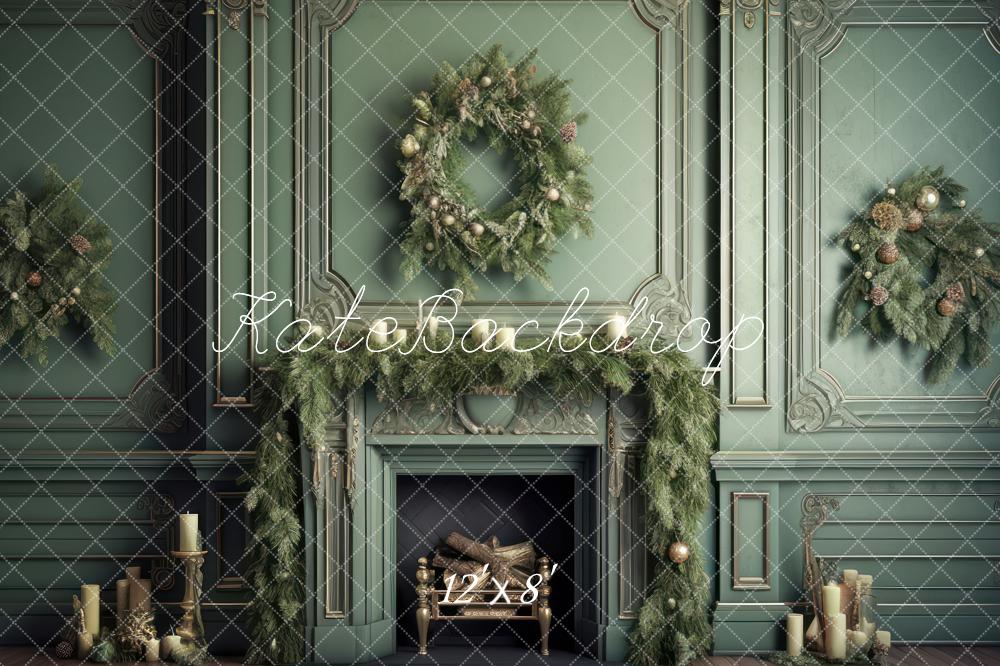 Kate Elegant Fireplace with Christmas Greenery Fleece Backdrop Designed by Mandy Ringe Photography