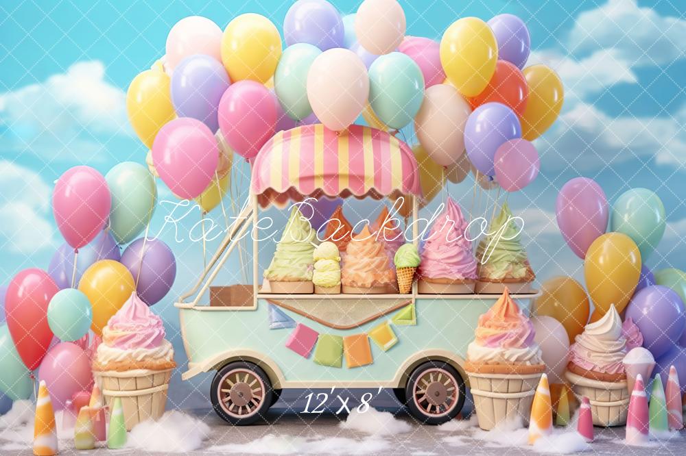 Kate Summer Sweet Ice Cream Car Cake Smash Balloon Sky Fleece Backdrop Designed by Chain Photography -UK