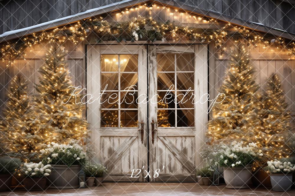 Kate Christmas Barn Lights Tree Fleece Backdrop Designed by Emetselch -UK