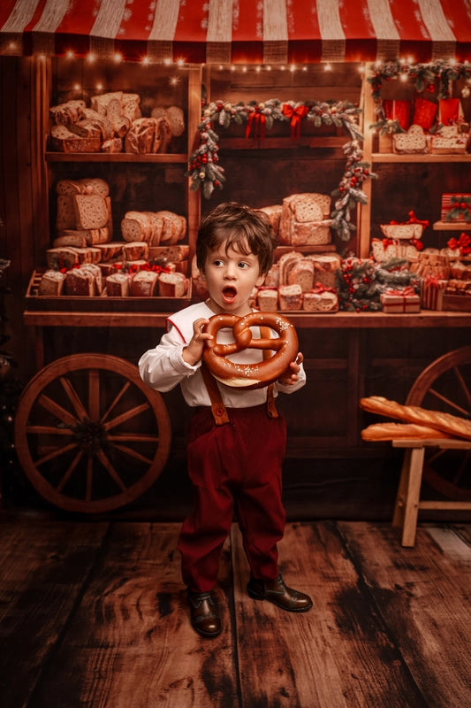 Kate Christmas Bakery Cart Red Stripe Backdrop Designed by Emetselch -UK