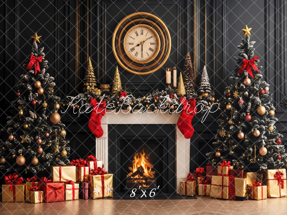 Kate Christmas Trees Fireplace Clock Retro Wall Fleece Backdrop Designed by Emetselch -UK