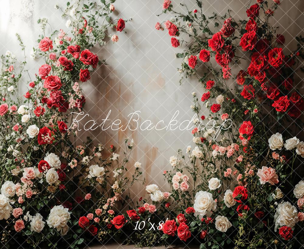 Kate Romantic Floral Roses White Wall Fleece Backdrop Designed by Emetselch -UK