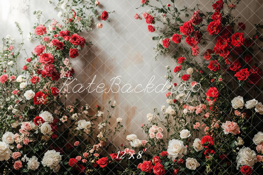 Kate Romantic Floral Roses White Wall Fleece Backdrop Designed by Emetselch -UK