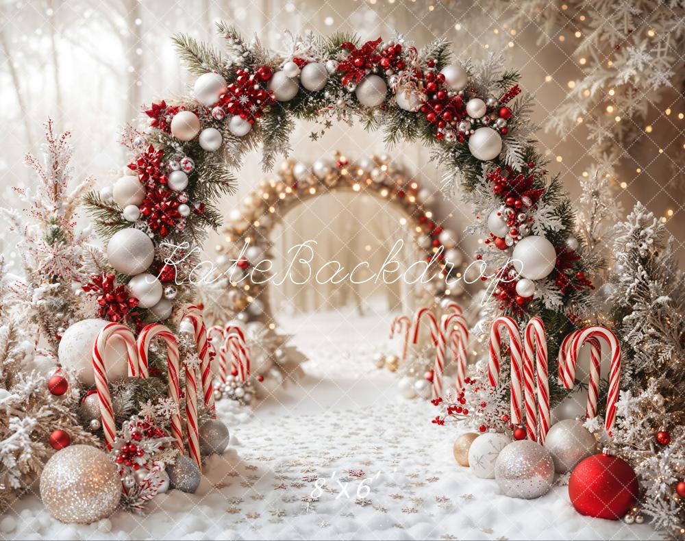 Kate Christmas Candy Cane Arch Snow Fleece Backdrop Designed by Emetselch -UK