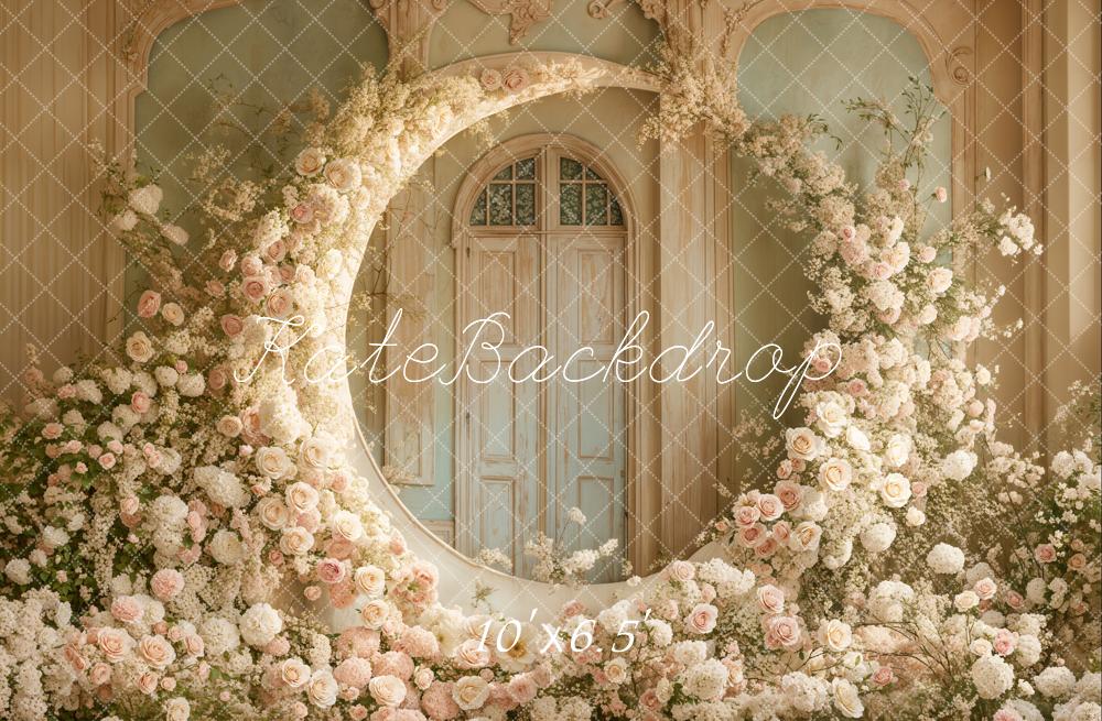 Kate Boho White Floral Moon Wedding Fleece Backdrop Designed by Emetselch -UK