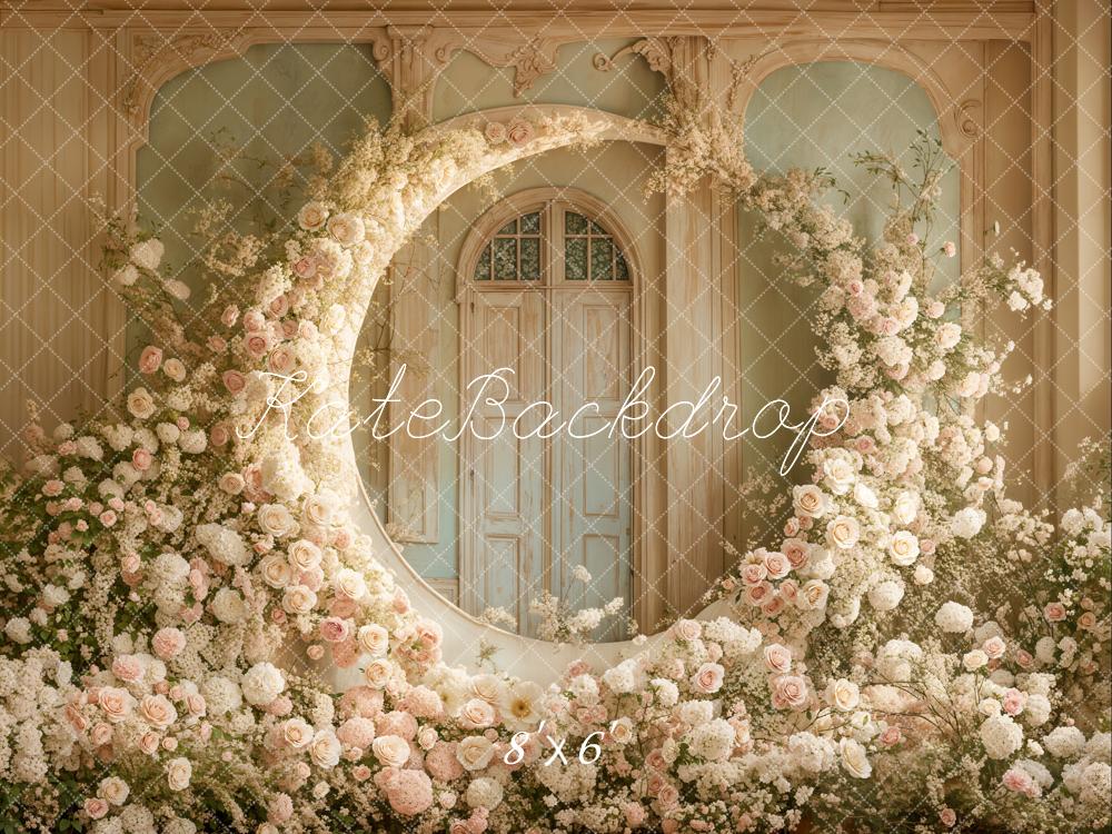 Kate Boho White Floral Moon Wedding Fleece Backdrop Designed by Emetselch -UK