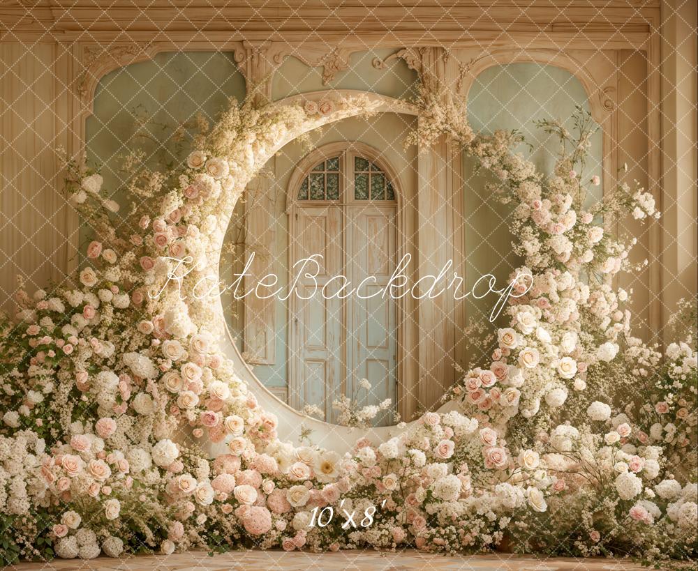 Kate Boho White Floral Moon Wedding Fleece Backdrop Designed by Emetselch -UK
