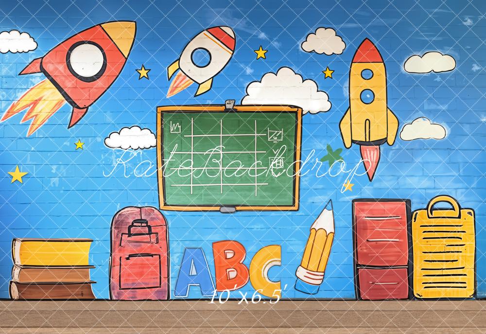 Kate Back to School Graffiti Rockets Blackboard Fleece Backdrop Designed by Emetselch -UK