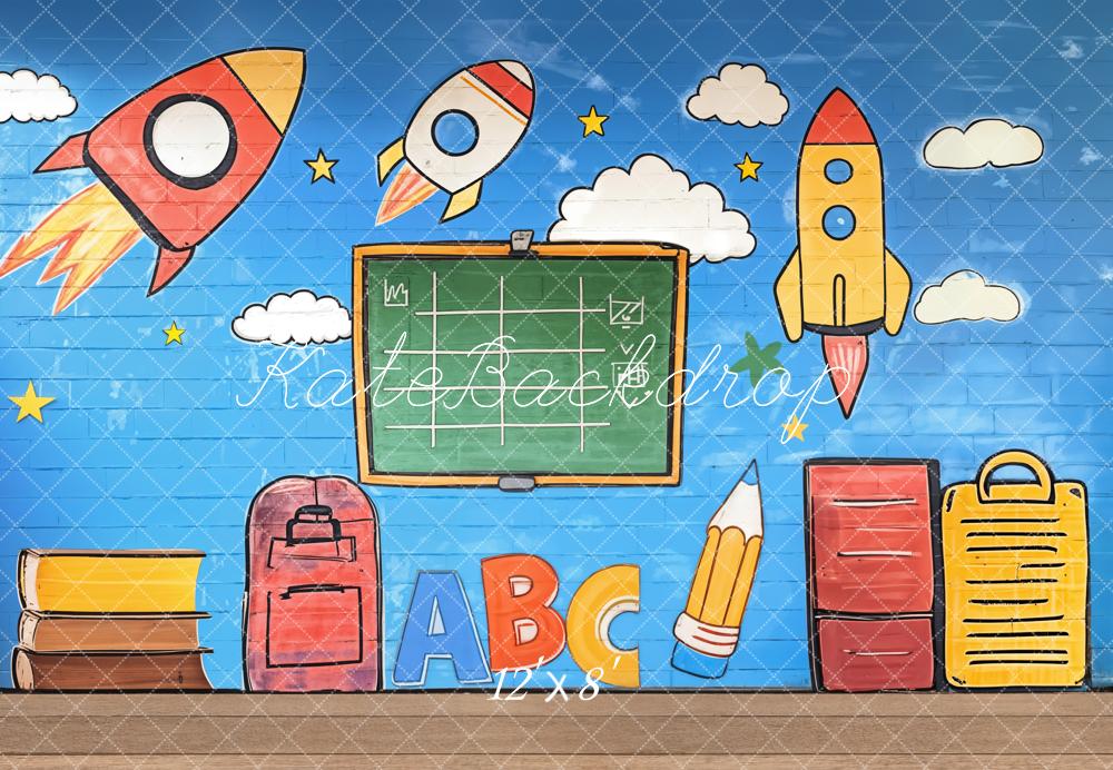 Kate Back to School Graffiti Rockets Blackboard Fleece Backdrop Designed by Emetselch -UK