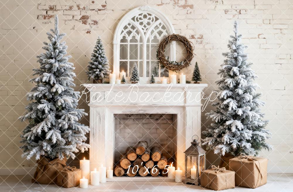 Kate Christmas Fireplace Snowy Trees Candles Fleece Backdrop Designed by Emetselch -UK