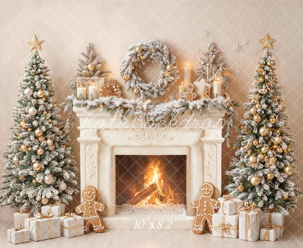 Kate Christmas Fireplace Trees Gingerbread Wreath Fleece Backdrop Designed by Emetselch -UK
