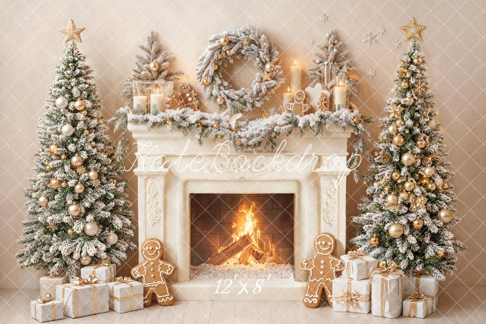 Kate Christmas Fireplace Trees Gingerbread Wreath Fleece Backdrop Designed by Emetselch -UK