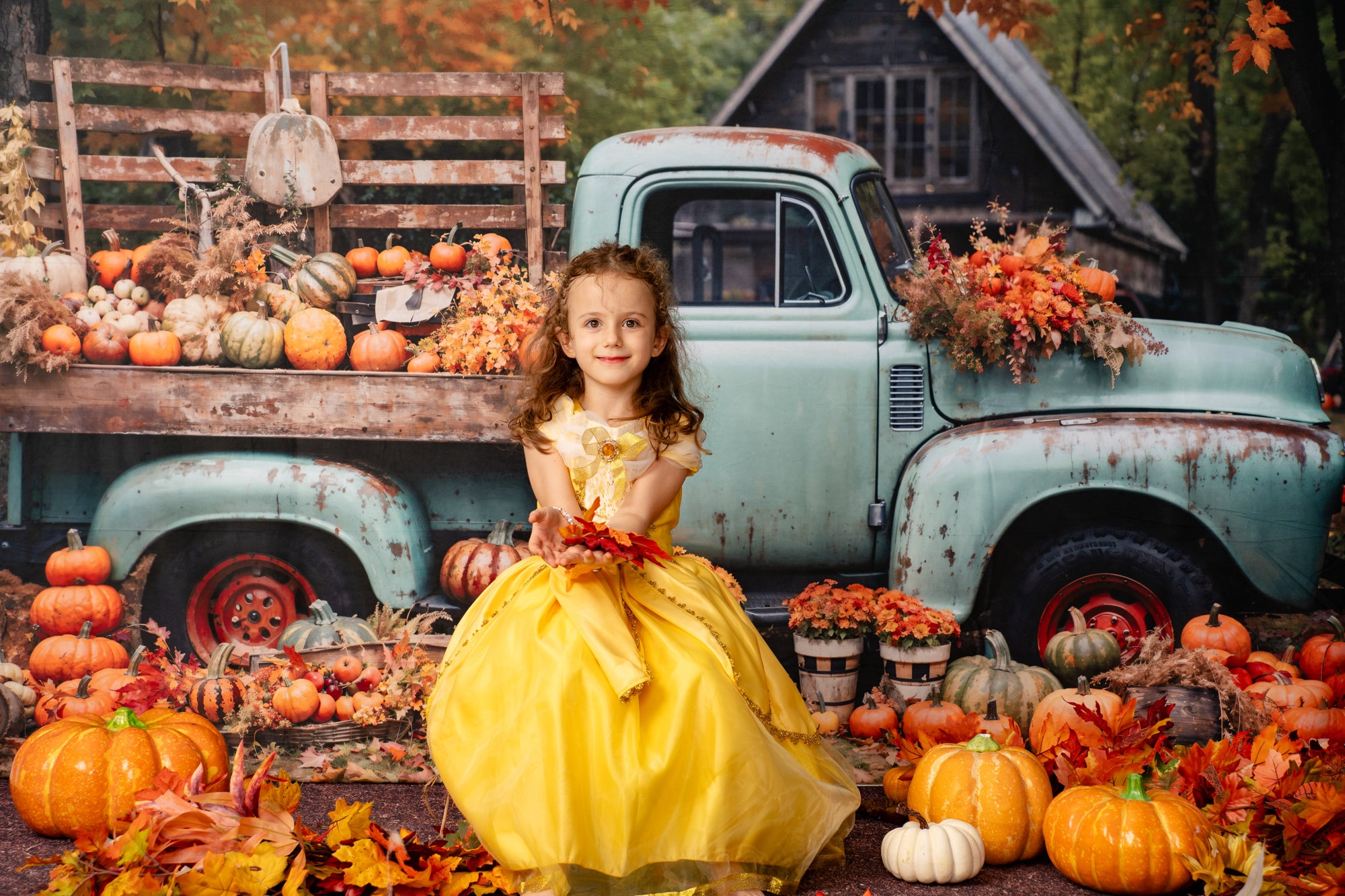 Kate Autumn Truck Golden Leaves Backdrop Designed by Chain Photography