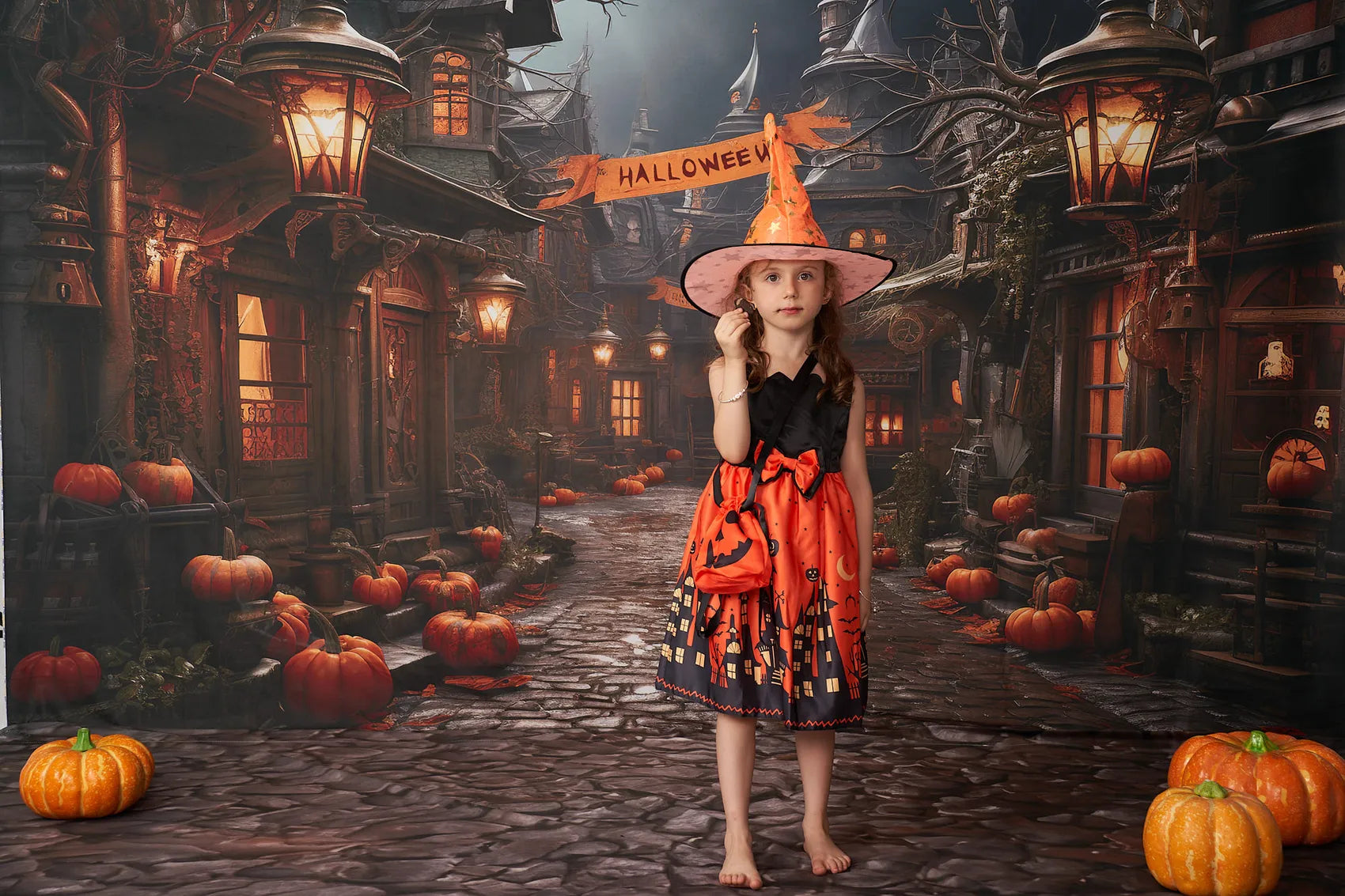 Kate Halloween Pumpkin Street Backdrop+Brown Stone Floor Backdrop