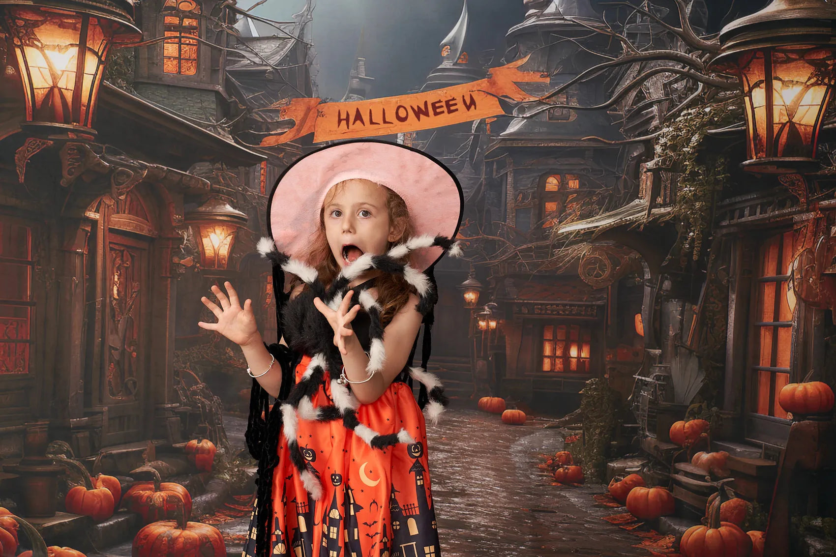 Kate Halloween Pumpkin Street Backdrop+Brown Stone Floor Backdrop