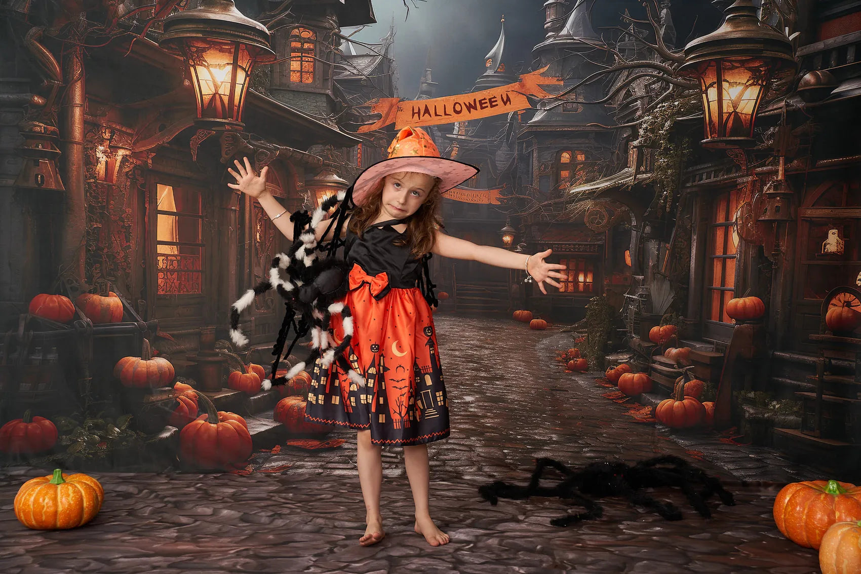 Kate Halloween Pumpkin Street Backdrop+Brown Stone Floor Backdrop