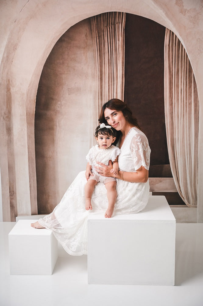 Kate Boho Neutral Minimalist Arch Cascading Stairs Backdrop Designed by Emetselch