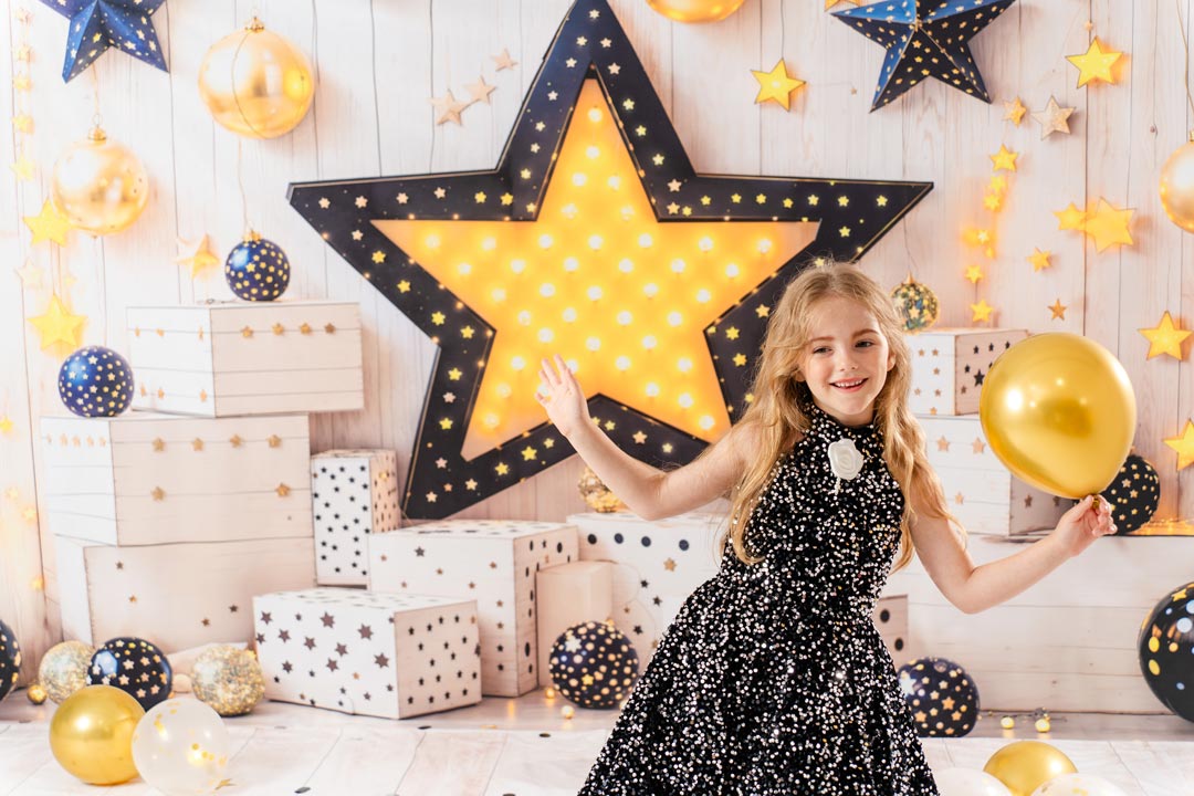 Kate Birthday Star Lights Gift Boxes Wall Backdrop Designed by Emetselch