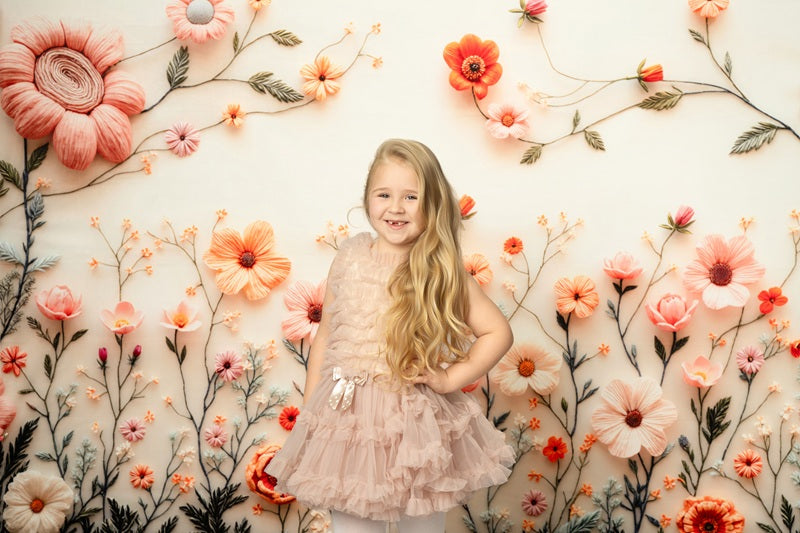 Lightning Deals Kate Spring Embroidered Flower White Backdrop Designed by Mini MakeBelieve