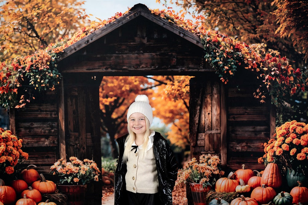 Kate Autumn Forest Pumpkin Brown Barn Door Backdrop Designed by Emetselch -UK
