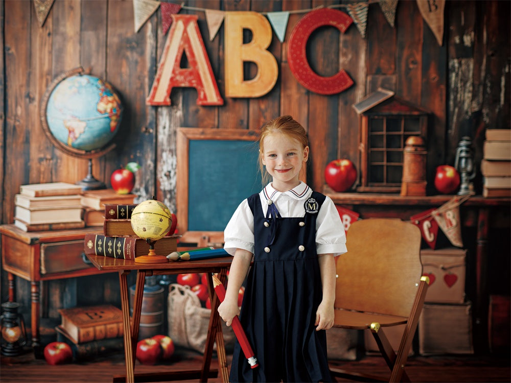 Kate Back to School Globe Vintage Wooden Backdrop+Rustic Wood Panel Floor Backdrop